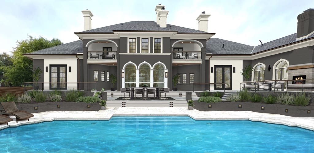 Rear exterior of a grand home rendered in a dark charcoal, with a pool