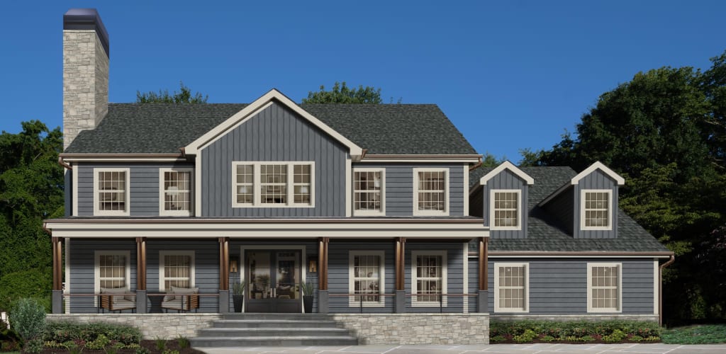 large slate colored home with copper gutters and wooden porch columns