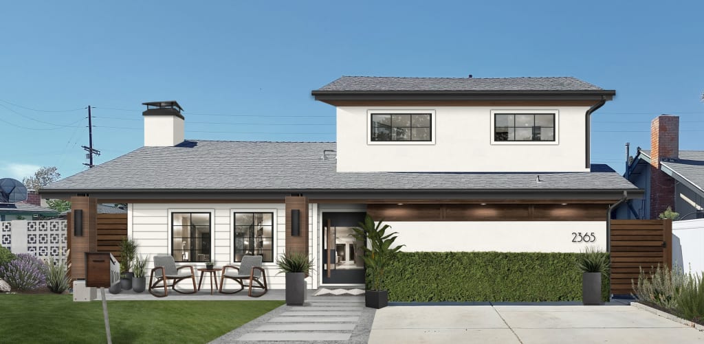 traditional home with white siding and stucco using Chantilly Lace Benjamin Moore.