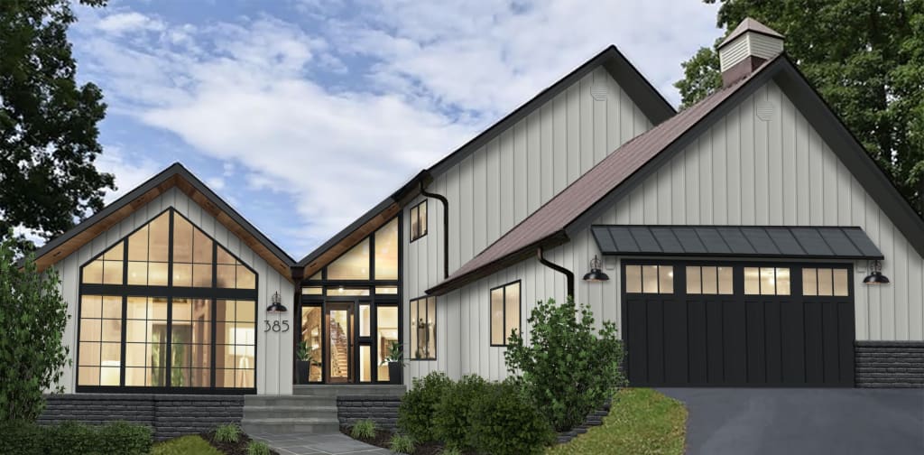 Virtual rendering of a contemporary home painted white with large windows
