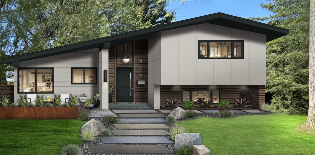 modern home with gray siding and siding panels with deep green, almost black accents