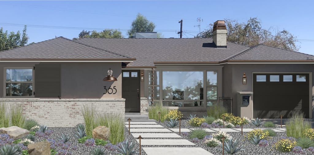 Stucco ranch home with copper landscape lighting