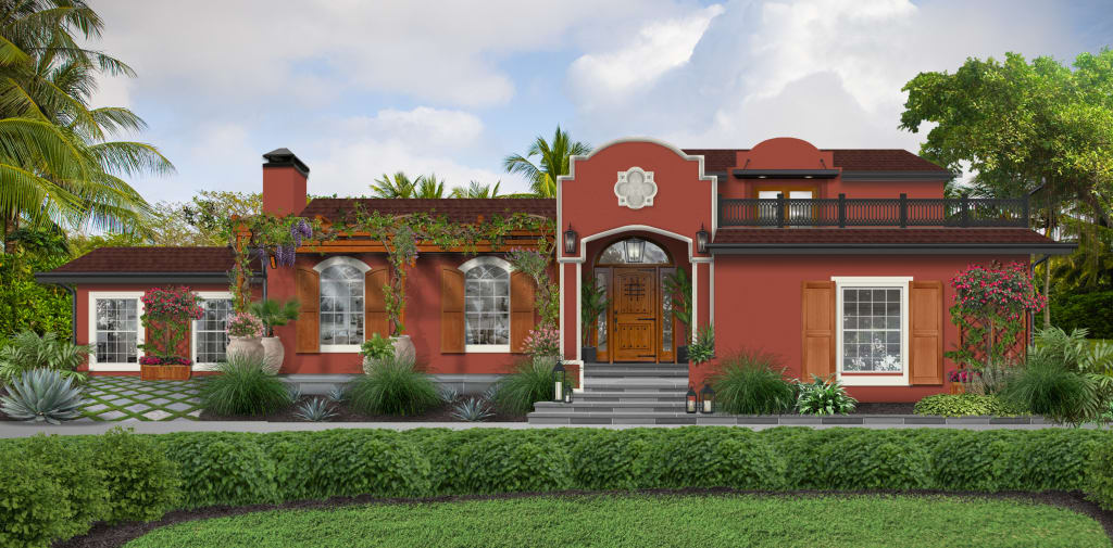 Red stucco Mediterranean-style home with a roof deck