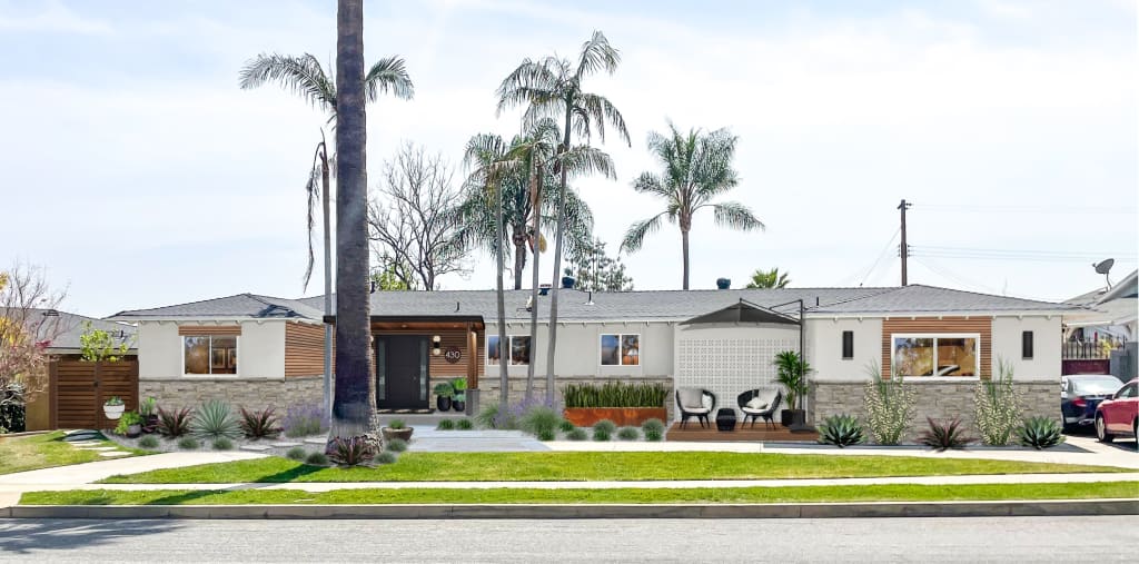 midcentury modern coastal ranch painted white with palm trees