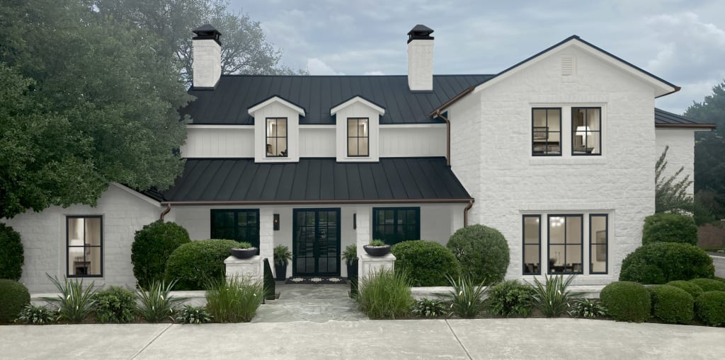 Virtual exterior renovation of a home done in Benjamin Moore Seapearl on the siding and stone slurry and Benjamin Moore Black on the windows and metal roof. The home has a large motor court instead of a front yard.