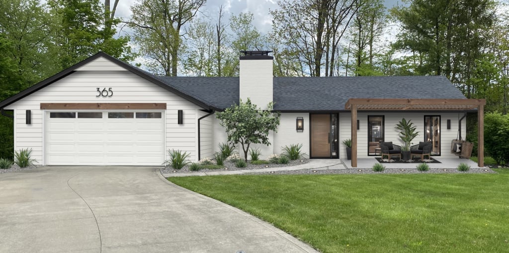 ranch home with white siding and wood accents