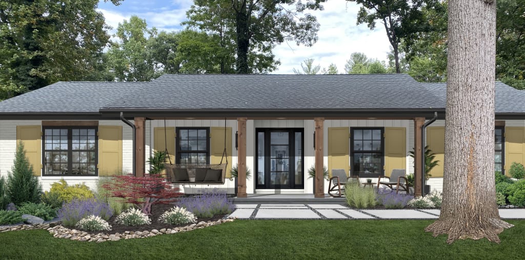Rendering of a single-story home with white siding and yellow shutters.