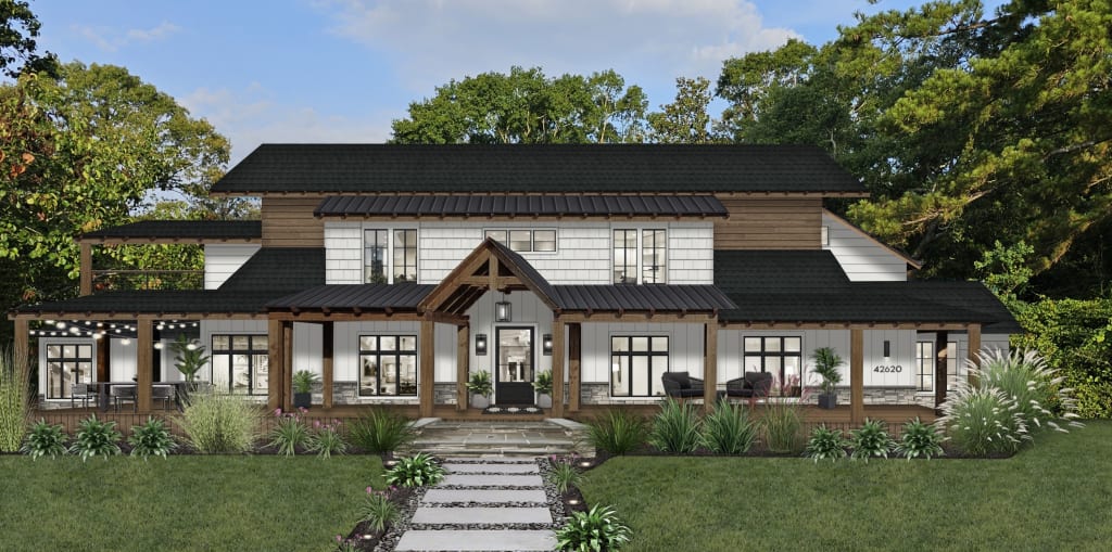 Rendering of a home exterior with a neutral color palette and wood accents.