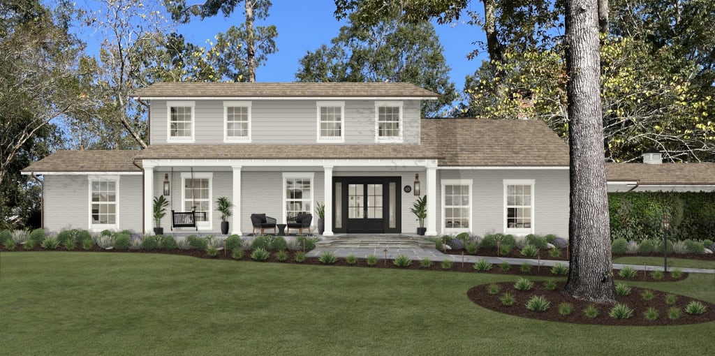traditional home with gray siding and white trim