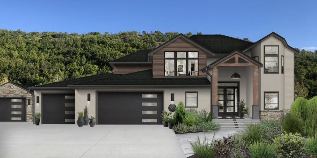 A home with brick and stucco rendered in Sherwin Williams' Amazing Gray — one of our best exterior house colors for 2024