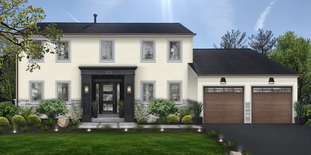 A stucco home painted with Sherwin Williams' Dover White