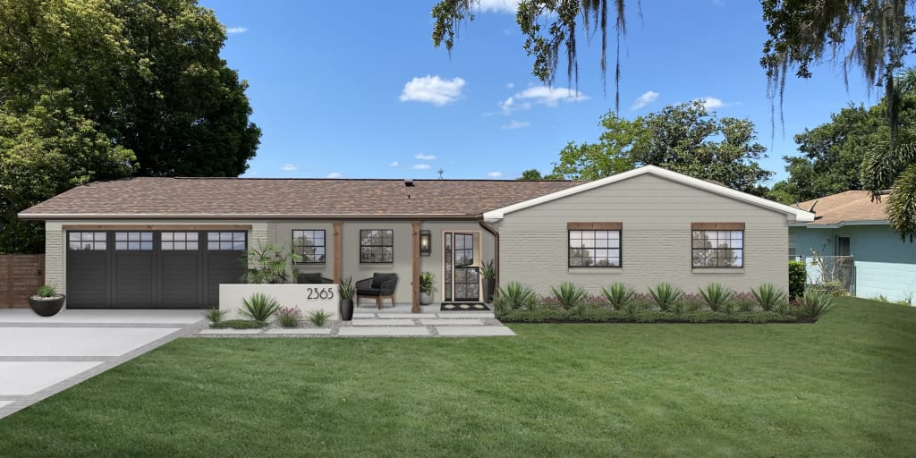 Ranch with cladding rendered in Benjamin Moore's Cape May Cobblestone