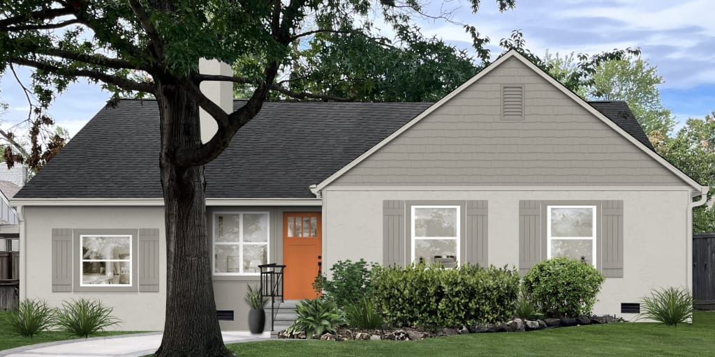 Photorealistic home exterior rendering with a gray color palette and orange front door.