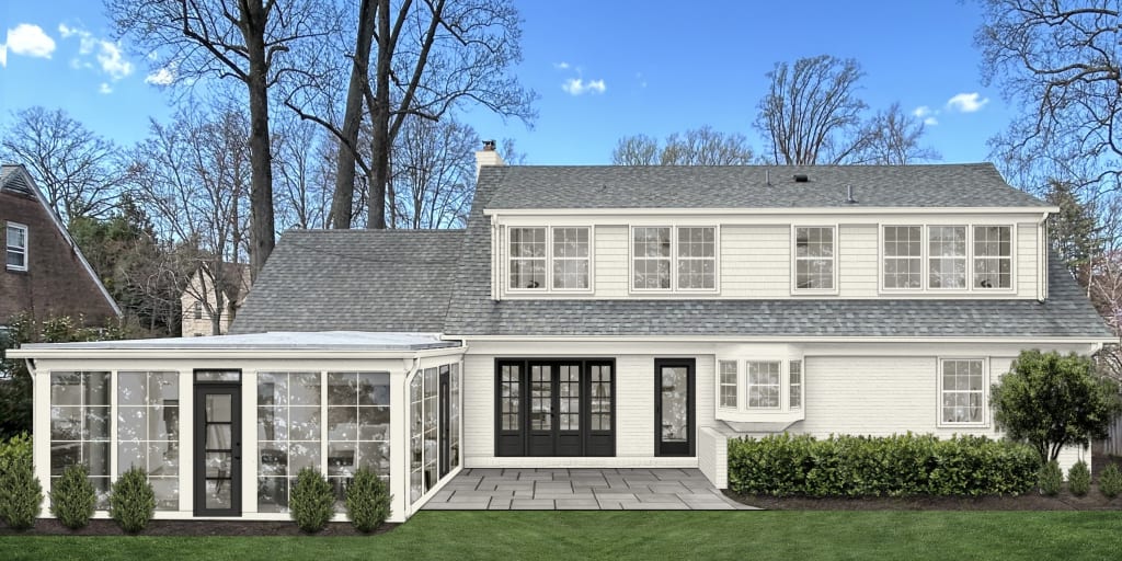 Virtual rendering of a two story farmhouse painted in Sherwin Williams' Westhighland White with black doors and a gray roof.