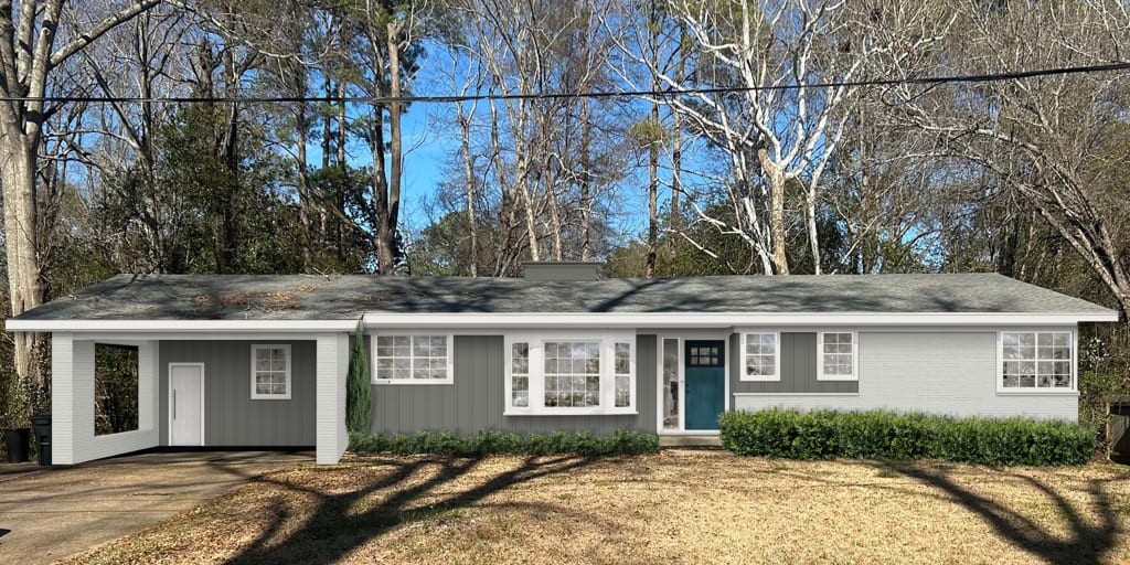 Rendering of a ranch-style home exterior with gray siding and a teal blue front door.