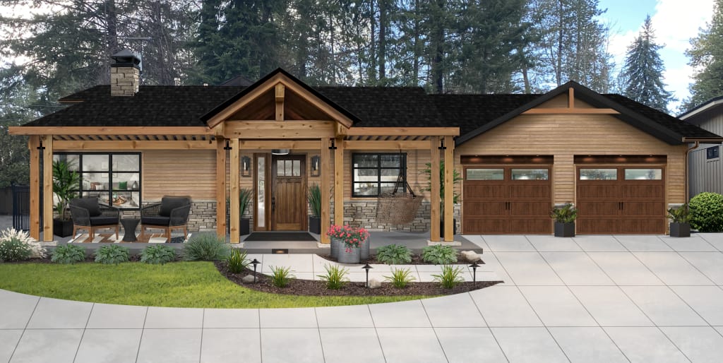 A virtual rendering of a one-story home with wood details