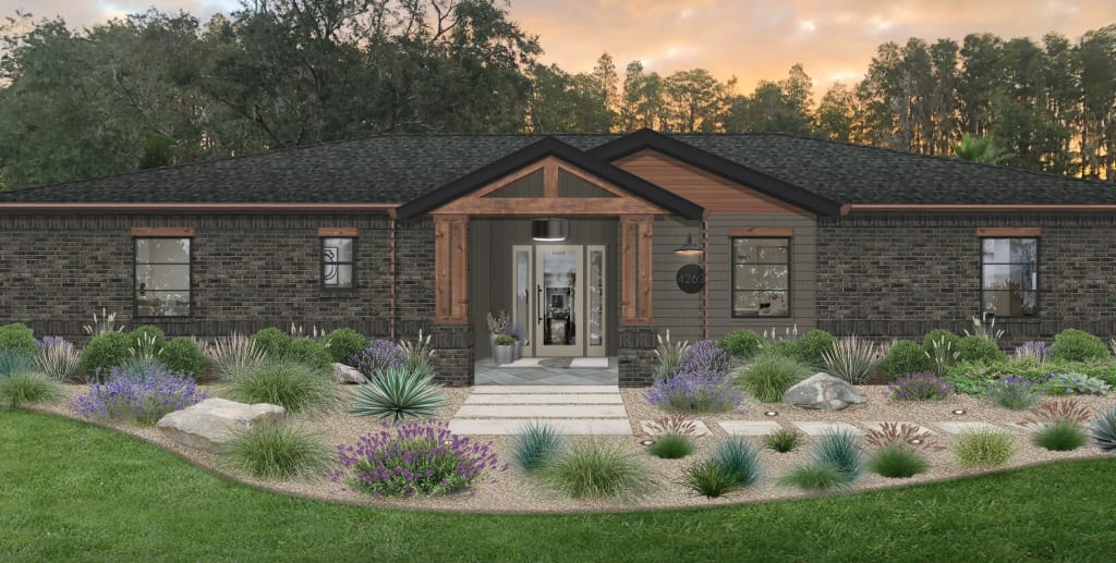Black rancher with minimal landscaping and cedar columns.