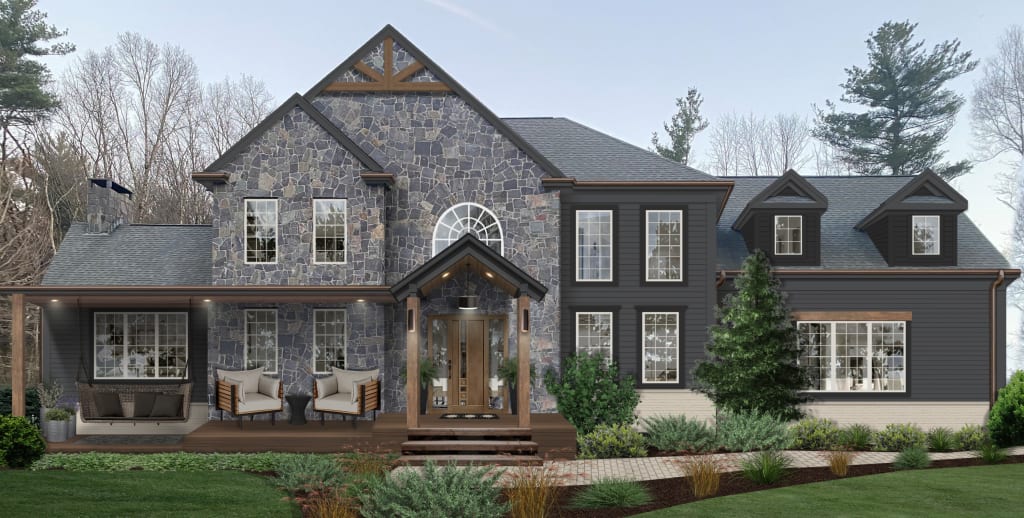 house with stone cladding and dark gray siding with copper gutters