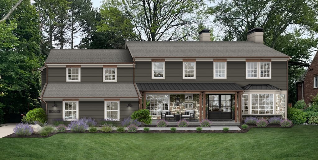 dark gray painted farmhouse with wood accents, stone siding, and two fireplaces