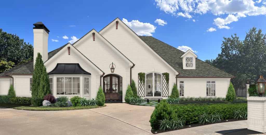 Off-whiite brick home with metal window awnings, double-hung doors, evergreen landscaping, and stained wood corbels.