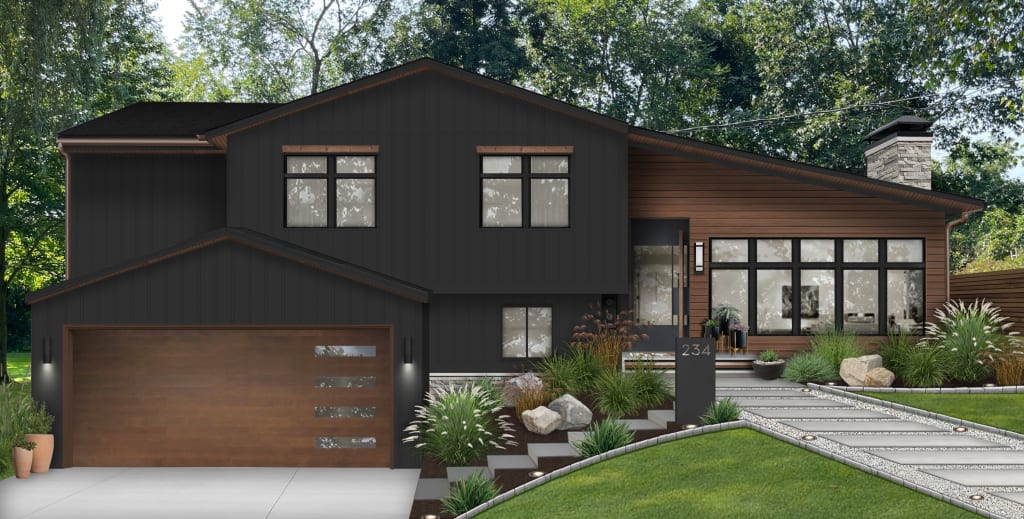 A virtual rendering of a home painted in black, one of the mid century modern exterior paint colors of 2025.
