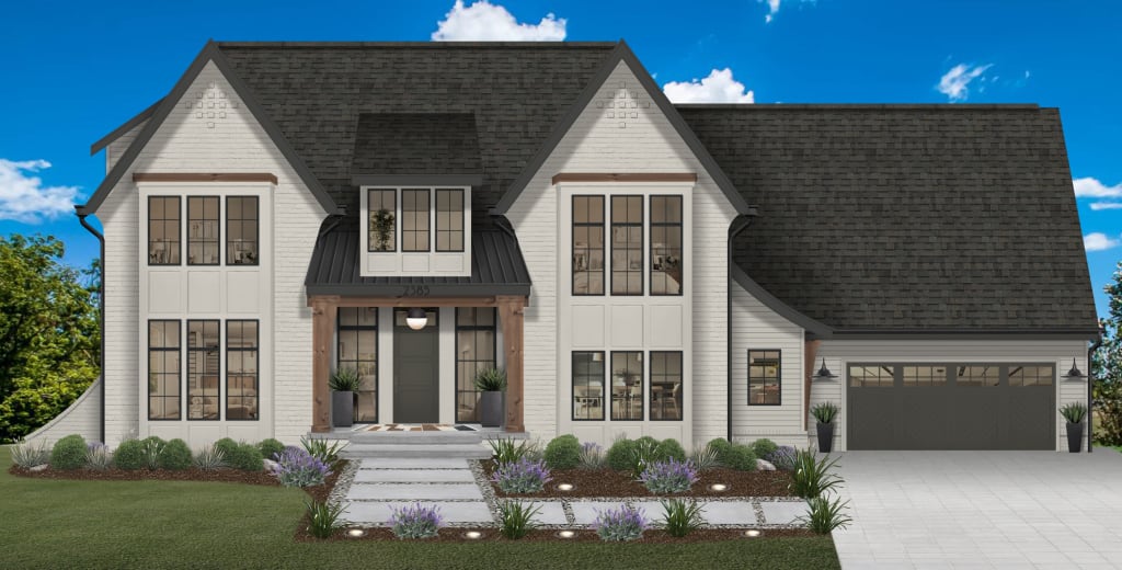 house with gray painted brick and charcoal doors