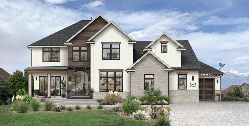 traditional home with stone, white siding, wood paneling, and greige trim