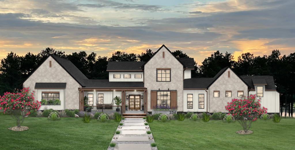 large home with limestone cladding and wood shutters