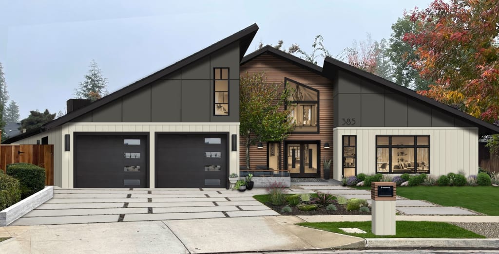 Virtual exterior design of a contemporary style home rendered in a colorblock style, with the main level in Seapearl and the upper level in Urbane Bronze