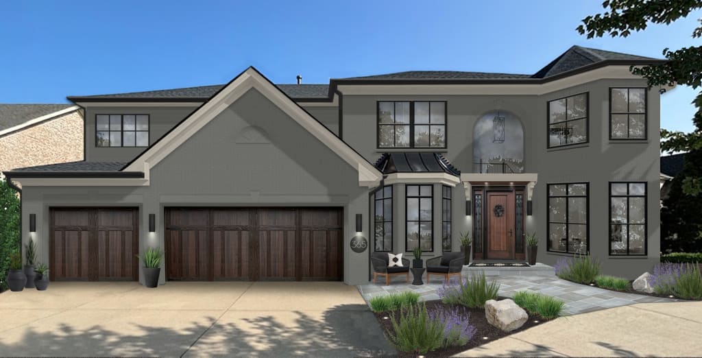 large gray house with an elegant entrance