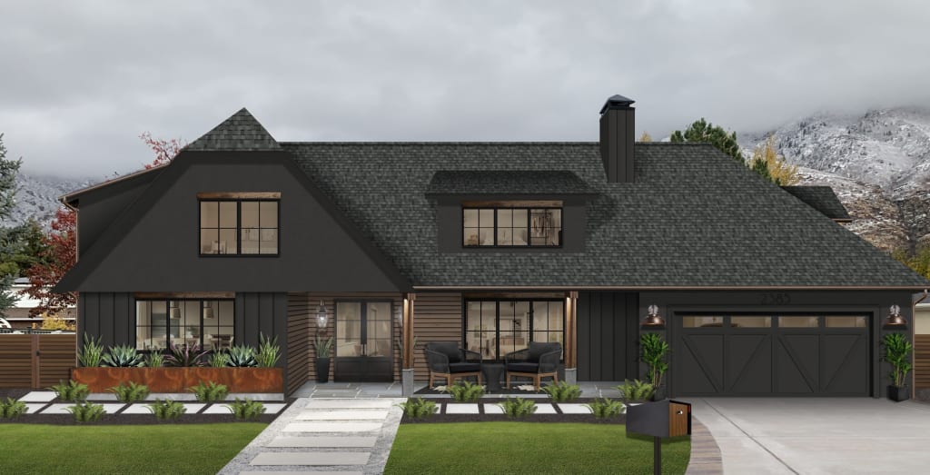 digital rendering of a home painted black with a long front walkway
