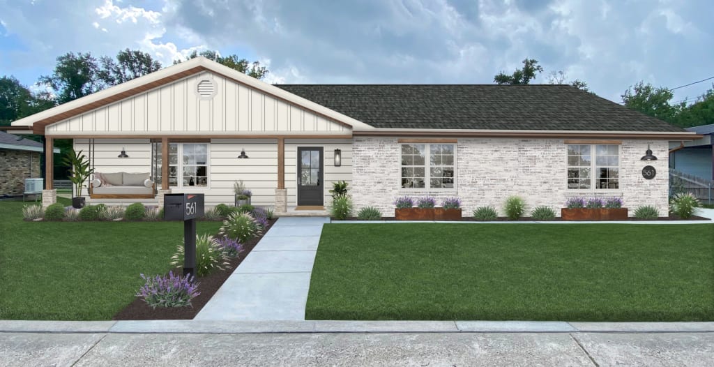 A rendering of a home with the German smear technique used on the brick