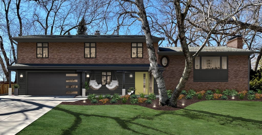 Brick split level home with yellow-green front door and black horizontal wood cladding