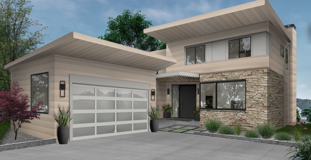 contemporary neutral house with deep overhanging roof