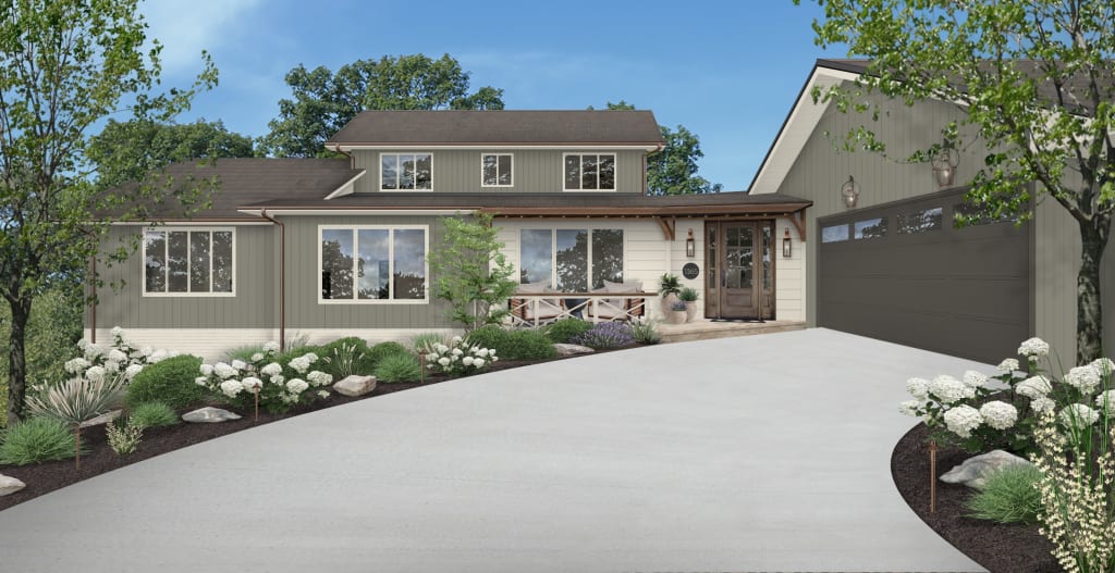 brick&batten blog post about what to ask a contractor with an accompanying rendering of a multi-story home with white windows, lush landscaping, and white brick skirting.
