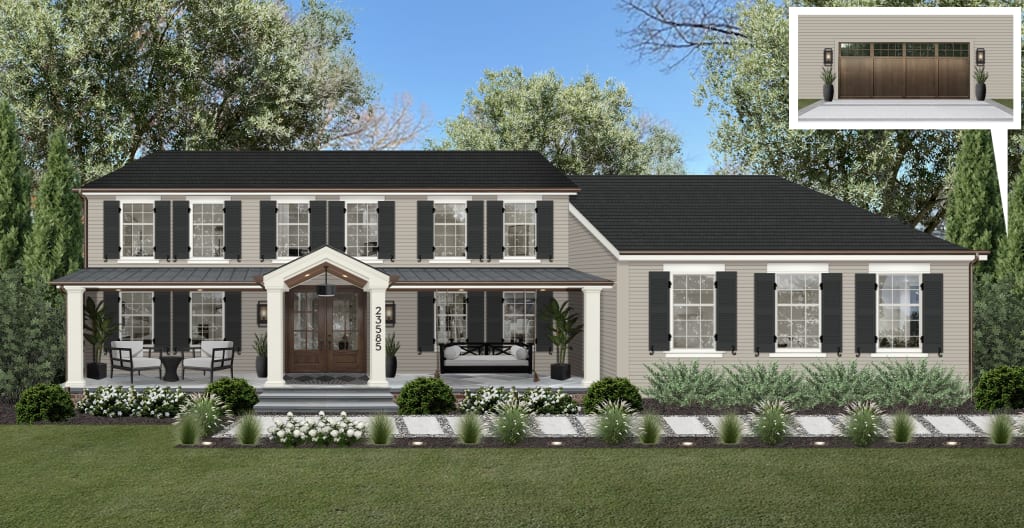 traditional gray farmhouse with black shutters, white trim, and a sand and paver walkway