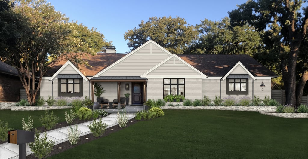 gray home with white trim and wood accents