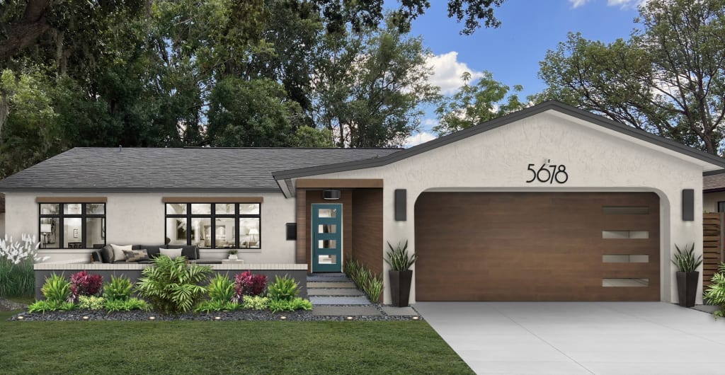 Photorealistic rendering of a stucco home's exterior with light gray paint and other modern house colors.