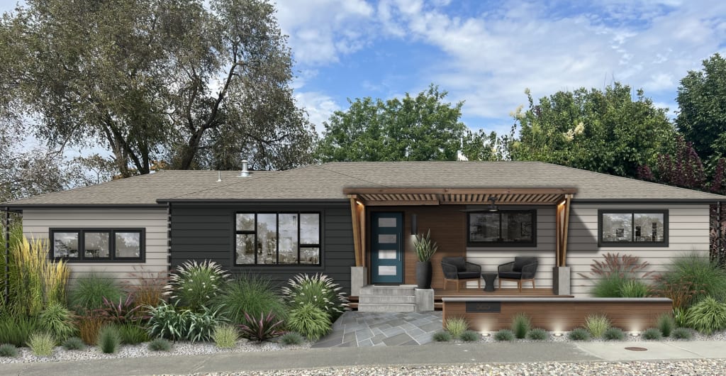 One story home with a turquoise front door, wood columns, and black windows.