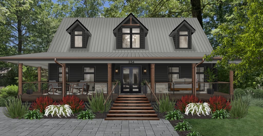 charcoal gray cabin with a metal roof, three dormer windows, a large covered porch, and stone driveway