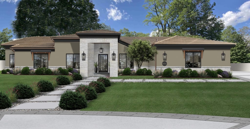 stucco home with limestone portico