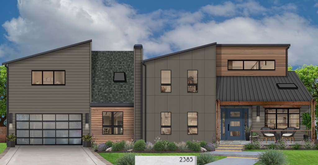 contemporary home painted in deep creek with wood accents and blue door