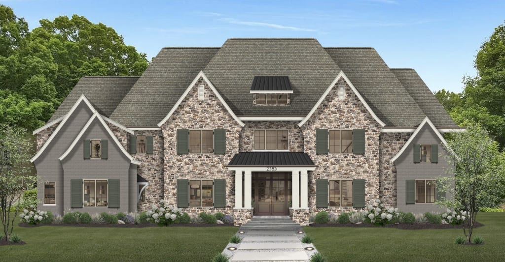 brick home with a mix of natural stone and Sherwin Williams Dovetail-painted siding