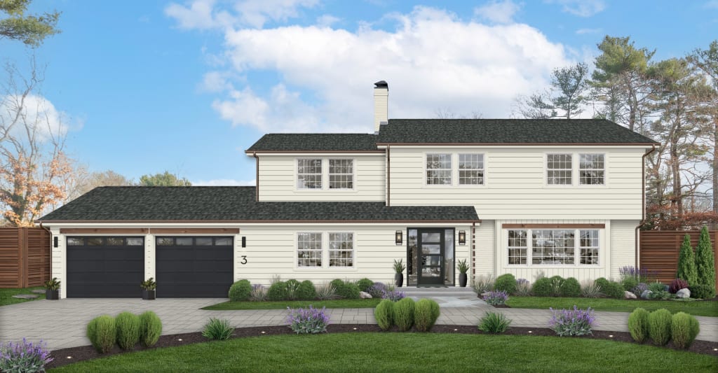 A rendering of a home exterior with a rain chain