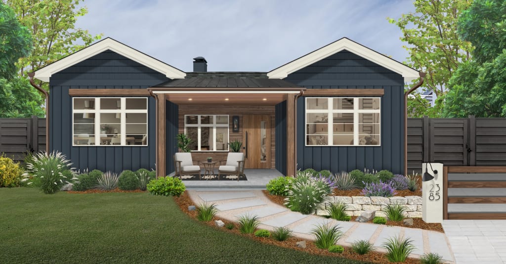 Symmetrical modern cottage style home in navy blue