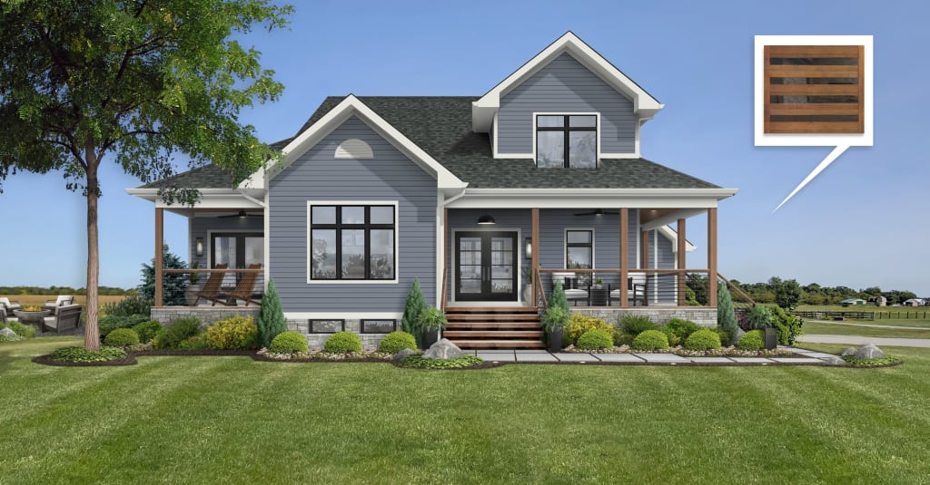 modern farmhouse with blue siding and wood and white accents