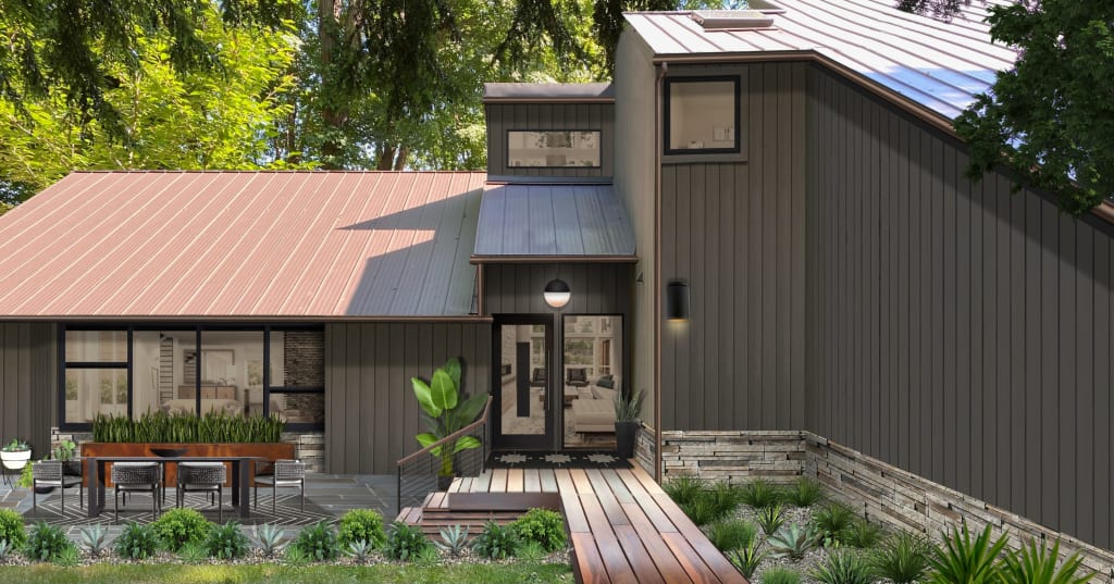 Virtual exterior design of a contemporary style home rendered in Urbane Bronze