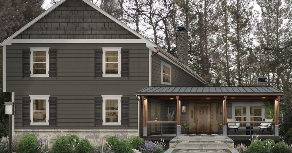 An exterior home design rendered in Sherwin Williams’ Urbane Bronze