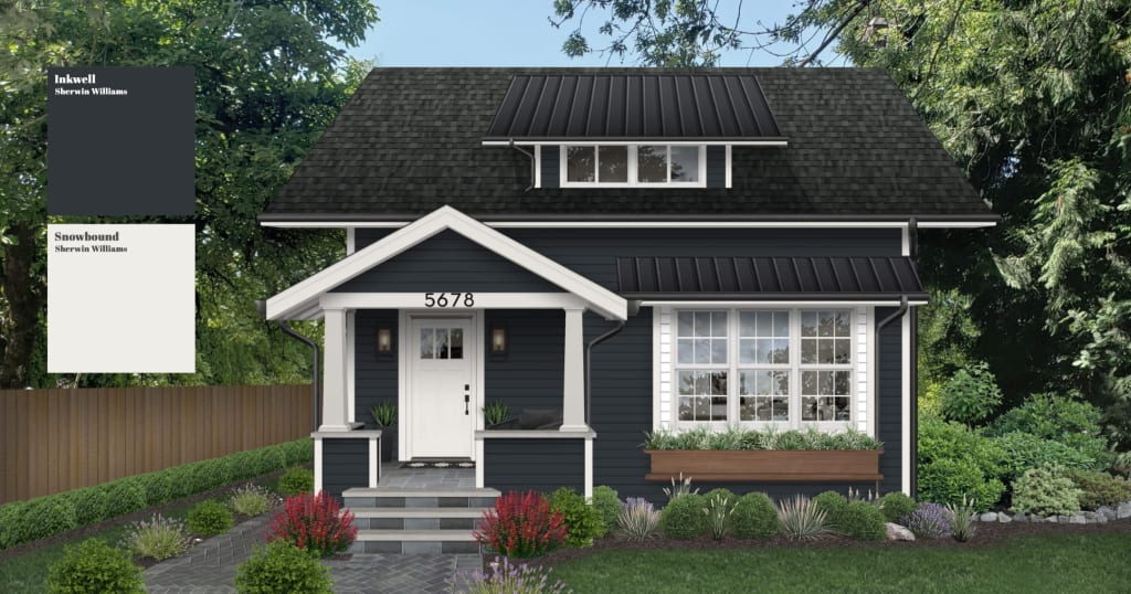 A home rendered in Sherwin Williams' Inkwell and Snowbound