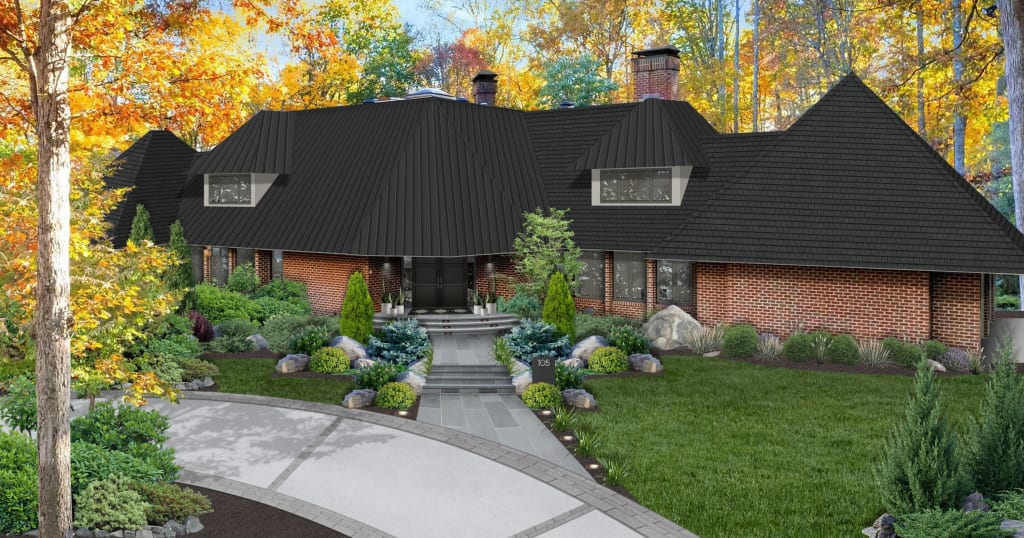 red brick house with black roof